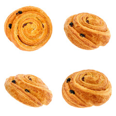 Bunroll with raisins from different angles. Isolation on white b