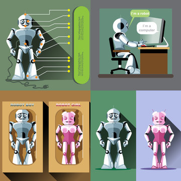 Digital vector silver and pink happy male and female robot set, working on computer, ready for sale in package, flat style
