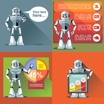 Digital vector silver happy robot presenting infographic with charts, flat style