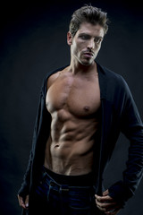 Fototapeta na wymiar Strength, muscular man brown hair, caucasian young Spanish naked