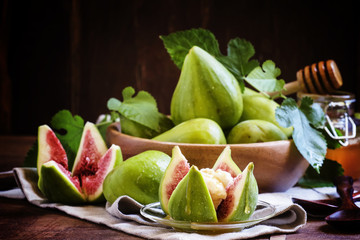 Sweet dessert with green figs, soft cottage cheese and honey, se