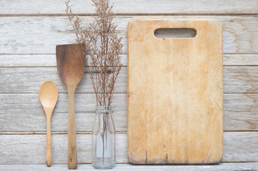 Old scratched cutting board. Rustic style kitchen