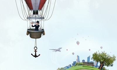 Woman traveling in aerostat . Mixed media