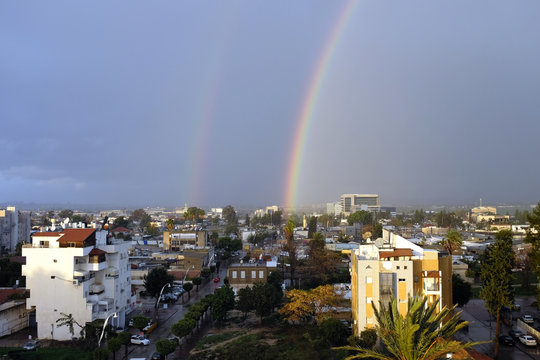 Double rainbow after rain over Lod city, Israel.