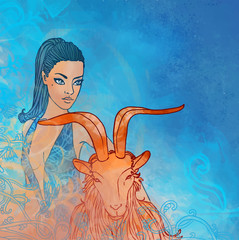 Illustration of capricorn zodiac sign as a beautiful girl with goat