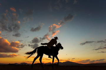 Fototapeta na wymiar Silhouette of man riding a horse on sunset with beautiful backgr