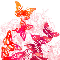 Amazing colorful background with butterflies,  watercolors (vect