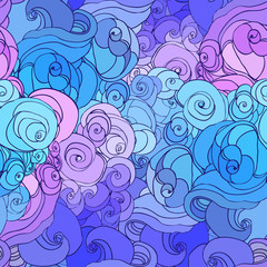 Vector color abstract hand-drawn hair pattern with waves and clo