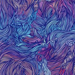 Vector color abstract hand-drawn hair pattern with waves and clo