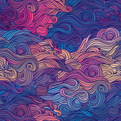 Vector color abstract hand-drawn hair pattern with waves and clo