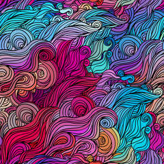 Vector color abstract hand-drawn hair pattern with waves and clo