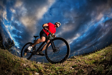 Plakat cyclist standing with mountain bike on trail at sunset