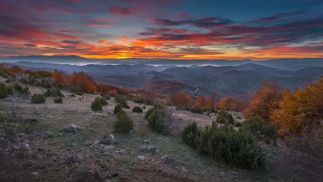 Mountain landscape in autumn at beautiful sunrise