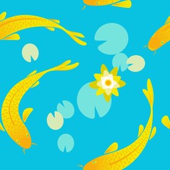 Seamless pattern with goldfish and water lilies in blue water.