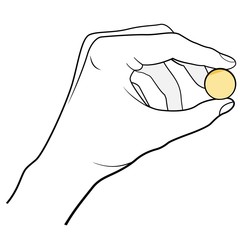 Hand holding a coin. Outline vector illustration.