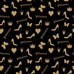 Seamless pattern. Crowns, butterflies, shoes silhouettes