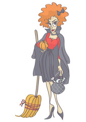 Elegant, cute ginger hair witch with pumpkin, broom and pot. Funny vector cartoon of woman in witch costume.