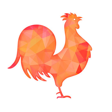 Bright red polygon illustration of a rooster isolated on white background. Happy Chinese New Year cards. Perfect for decoration designs festive banners, postcards, posters.
