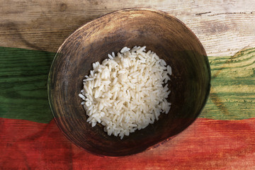 Poverty concept, bowl of rice with Bulgaria flag