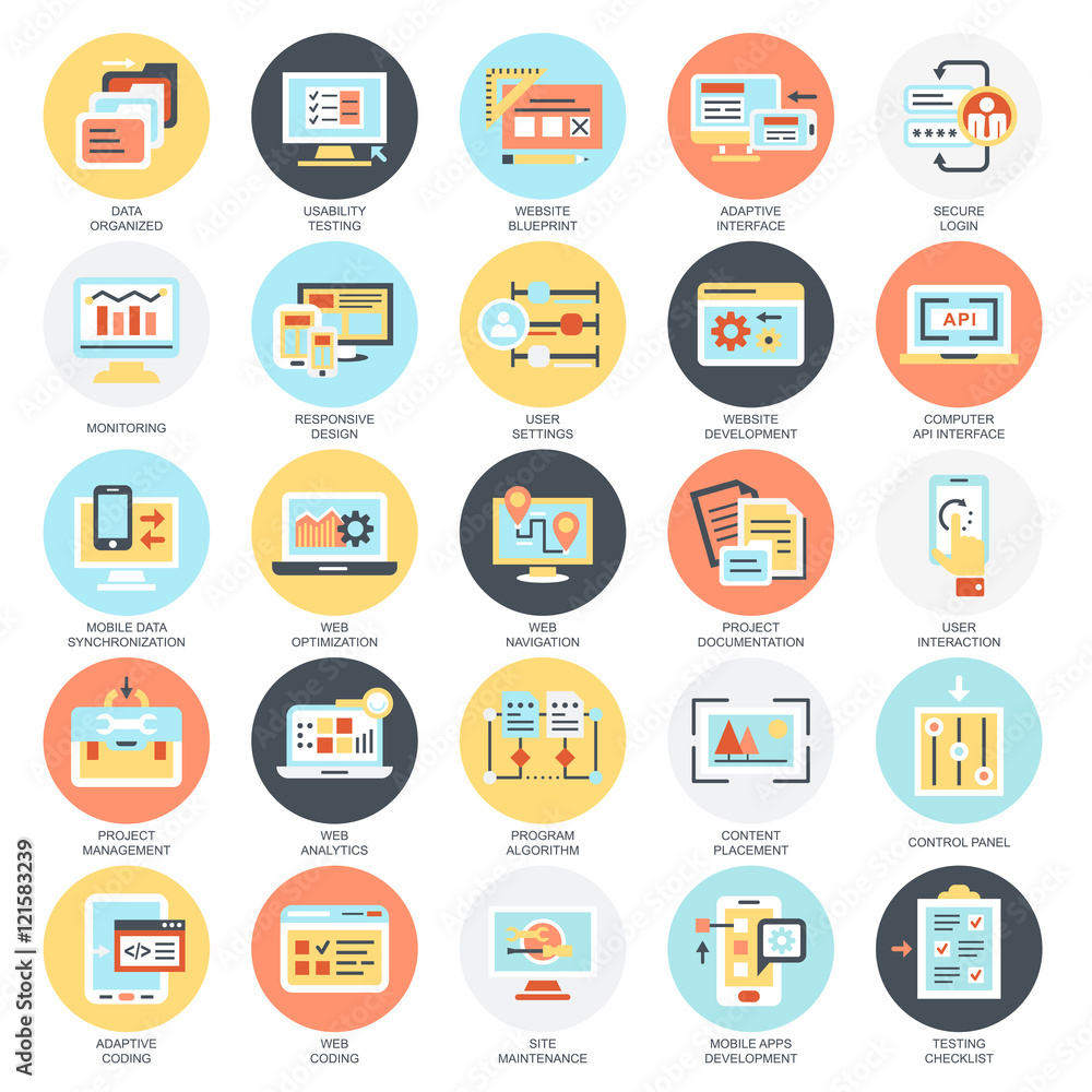 Poster flat icons pack of web design and development