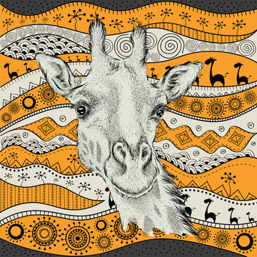 Hand draw giraffe portra on African hand draw ethno pattern, tribal background. Beautiful black woman. Profile view. Vector illustration