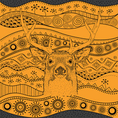 Fototapeta premium Hand draw deer portra on African hand draw ethno pattern, tribal background. Beautiful black woman. Profile view. Vector illustration