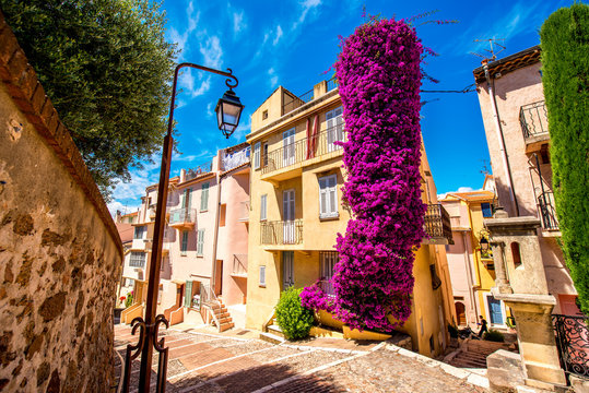 Fototapeta Beautiful residential buildings with colonial architecture with big flower bush in Cannes city in French riviera.