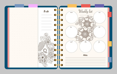 Flat design opened notepad with adult coloring page, notes, weekly and to do list in top view. Sketchbook, coloring book or diary mockup. Vector illustration of birdhouse and flowers.