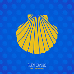 Buen Camino! Don't stop walking. Postcard or banner. Yellow scallop shell on the blue background. Pilgrim's navigation sign. Symbol of the Camino de Santiago in Spain.