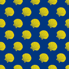 Fototapeta na wymiar Yellow scallop shells on the blue background. Camino de Santiago sign. Seamless pattern. Pilgrim's navigation sign. Symbol of the Camino de Santiago in Spain.