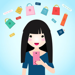 Pretty woman doing Online Shopping via Smartphone. Japanese anime style illustration. Young girl buys products over the internet.