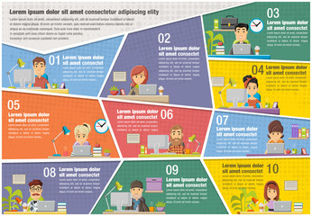 Vector brochure backgrounds with cartoon business people working on office. Infographic template design.