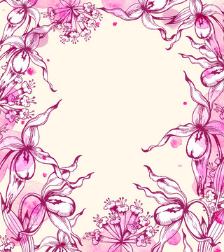 Floral frame with orchids and watercolor blots