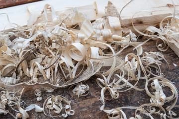 Wooden shavings on a joiner's bench