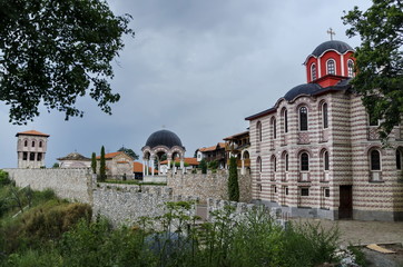 General view of inner  yard  in restored Montenegrin or Giginski monastery  St. St. Cosmas and Damian, mountain  Kitka, Breznik, Pernik region, Bulgaria  