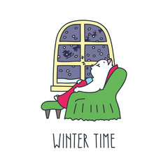 Winter time. Doodle vector illustration of cute white cat sleeping on a chair at home in winter
