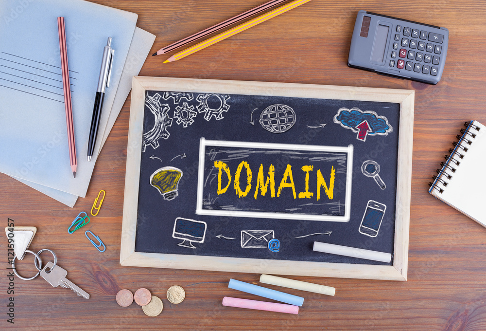 Sticker domain homepage html web design concept. chalkboard on wooden of