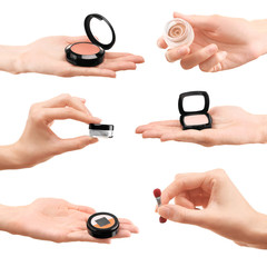 Set of female hands with different cosmetics on white background