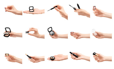 Set of female hands with different cosmetics on white background