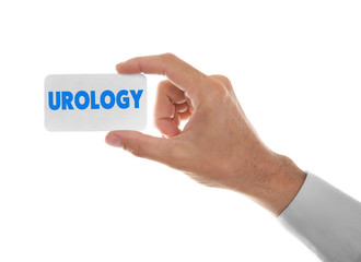 Man hand with card, isolated on white. Urology concept