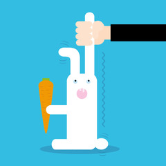 Person catching white rabbit with stolen carrot. Vector illustration