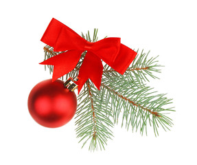 Glass ball, bow and pine-tree branch isolated on white