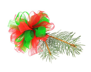 Colorful bow and pine-tree branch isolated on white