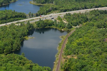 Fototapeta na wymiar aerial view Trans Canada highway 400 just south of Parry Sound near the Parry Sound Area Municipal Airport, Ontario Canada 