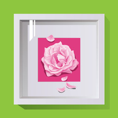 volumetric frame with glass for decoration of photos and paintings on a bright background roses in flower