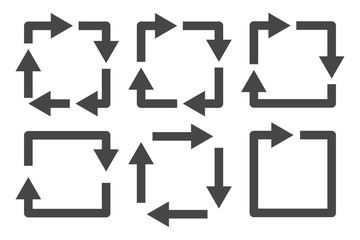 Repetitive process icon with square arrows explanation. Icon reflect renewable energy, recycling, repeatable industry and business processes.