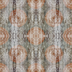 Seamless background pattern with blurred flowers, wooden texture for scrapbook, wall, table, texture veneer and parquet. Mirror reflection Collage. Kaleidoscope montage for flooring, parquet floor