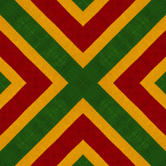 Reggae colors crochet knitted style background, top view. Collage with mirror reflection. Seamless kaleidoscope montage for cushion, blanket, pillow, plaid, tablecloth, cloth - obrazy, fototapety, plakaty