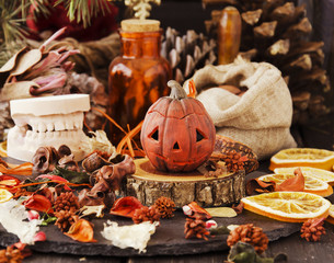 decorative pumpkin for Halloween with dried flowers