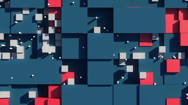 Abstract geometry background. 3D rendered cubes with different size. 3D cubes with shadows, reflection and bright elements. Loopable.